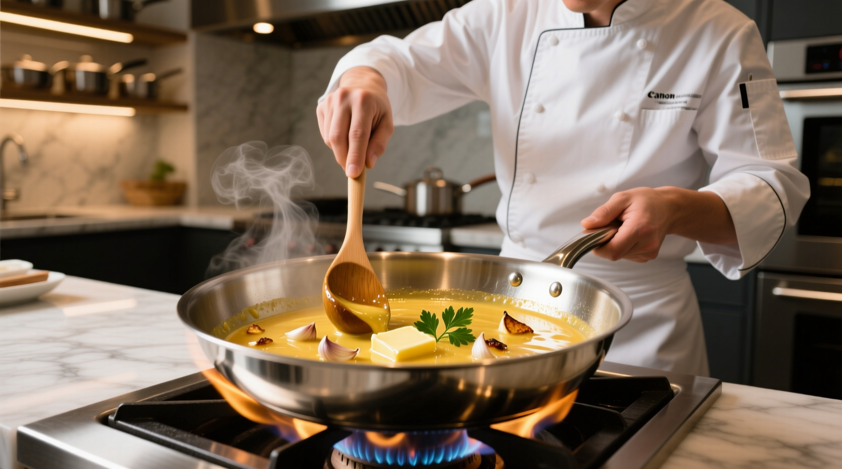 Chef stirring golden garlic butter sauce in stainless steel pan