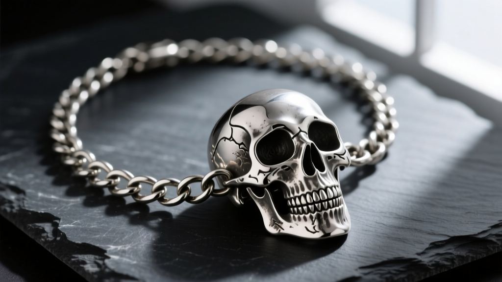 Oxidized sterling silver skull chain necklace on dark slate, dramatic lighting highlighting carved eye sockets and detailed teeth