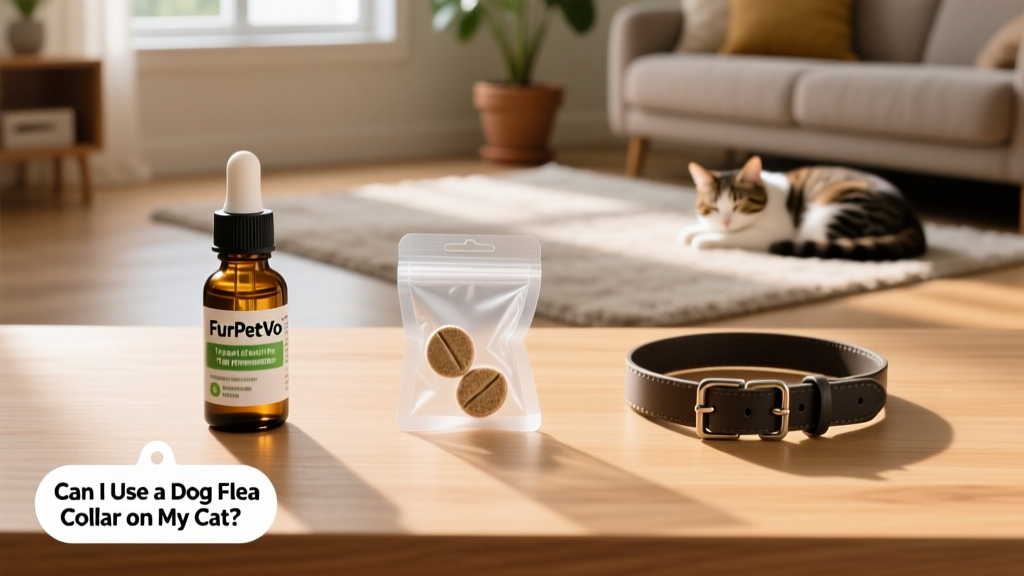 Side-by-side comparison of FurPetVo cat-safe flea prevention options: topical solution, chewable tablet, and quick-release collar