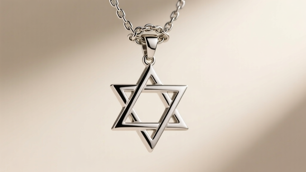 Sterling silver box chain tangled on the sharp point of a Star of David pendant, illuminated by a bright jeweler