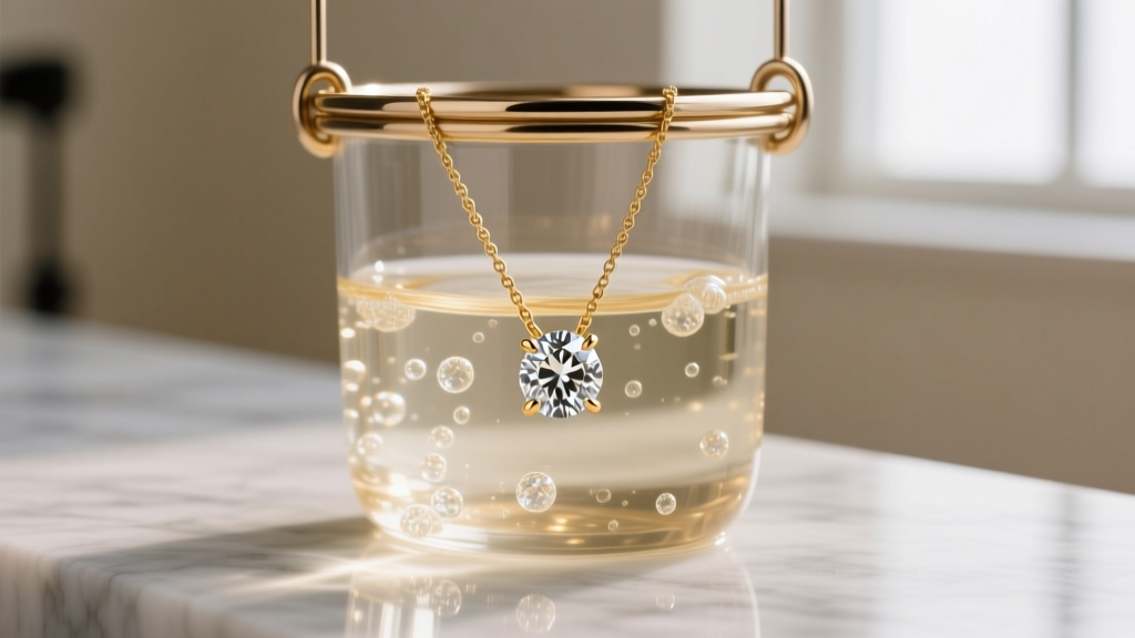 Ultrasonic jewelry cleaner vibrating an 18k gold moissanite solitaire necklace in a steel basket filled with warm soapy water.
