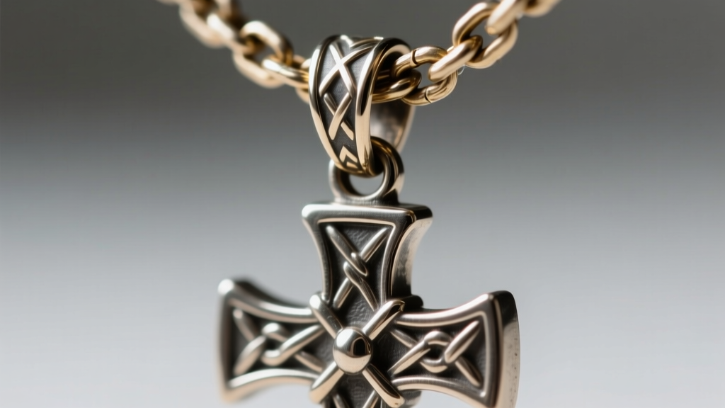 Extreme close-up of a reinforced soldered bail connecting a heavy Scottish cross pendant to a thick 3mm wheat chain link.