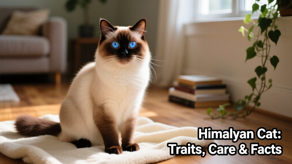 A mature Himalayan cat sitting calmly on a soft blanket, showcasing its flat face, round blue eyes, and rich seal-point coloring