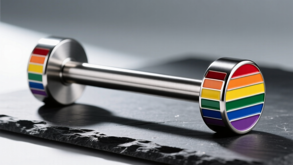Macro shot of a titanium industrial barbell with subtle six-stripe pride flag enamel detailing on the end caps, resting on dark slate