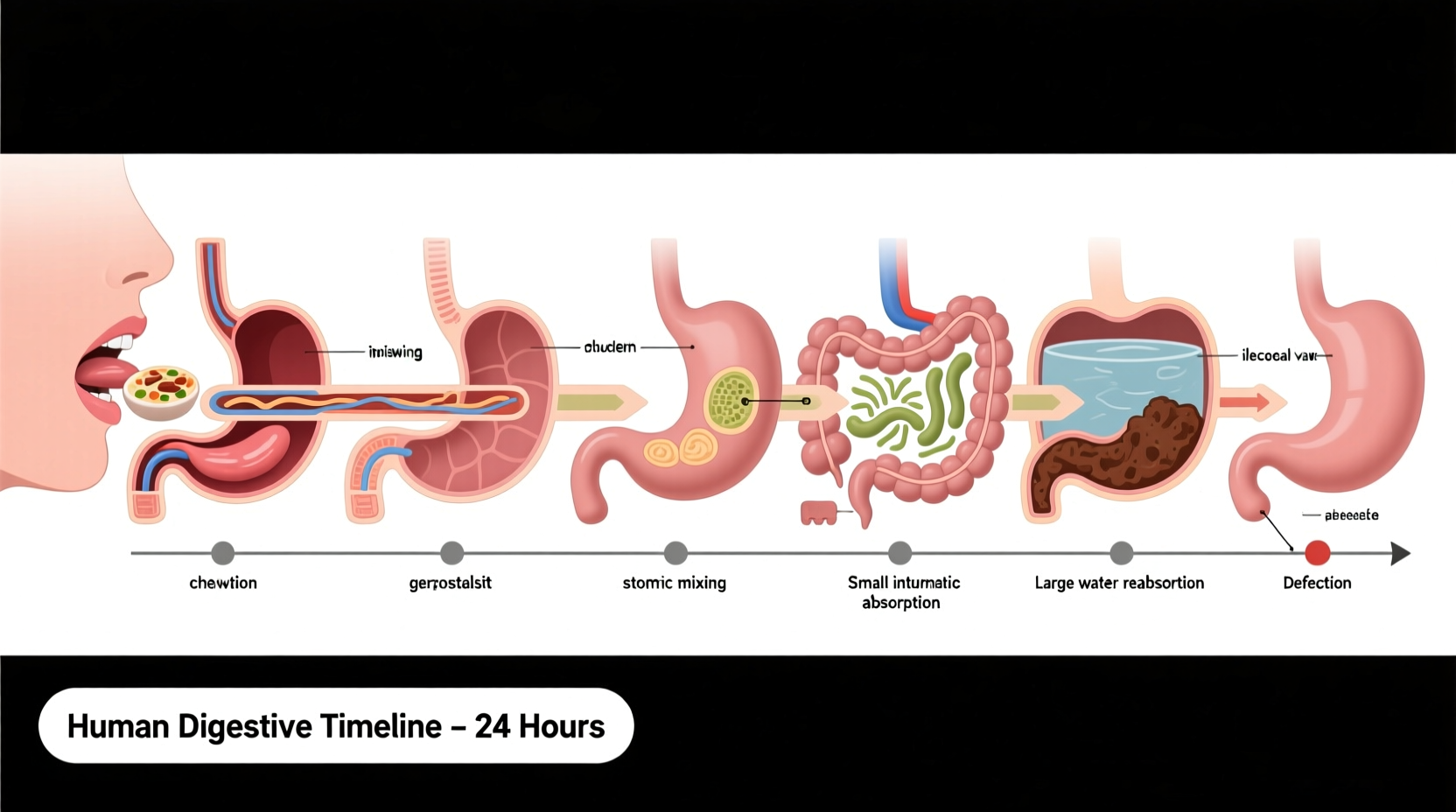 Human digestive system timeline showing food movement