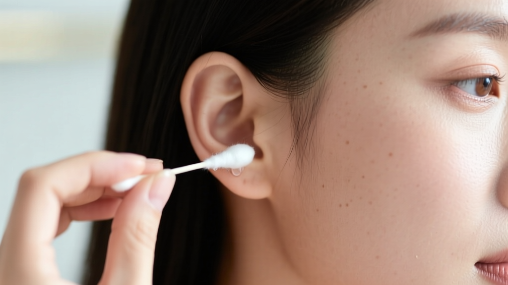 Close-up of a woman gently cleaning her earlobe with a cotton swab and saline, soft bathroom lighting, realistic skin texture.