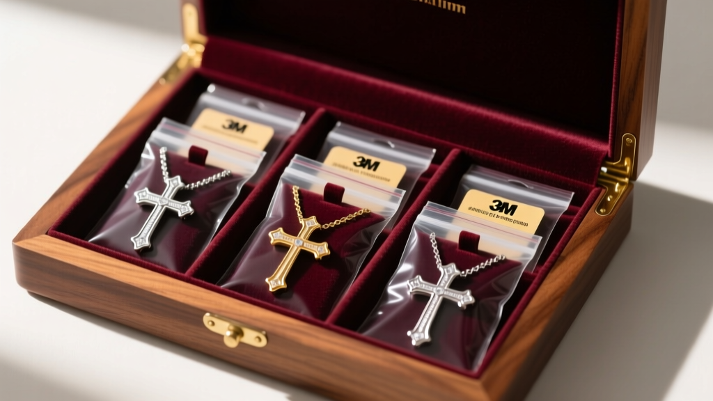 Aesthetic cross necklaces stored in sealed anti-tarnish bags with 3M prevention strips inside a velvet-lined wooden jewelry box