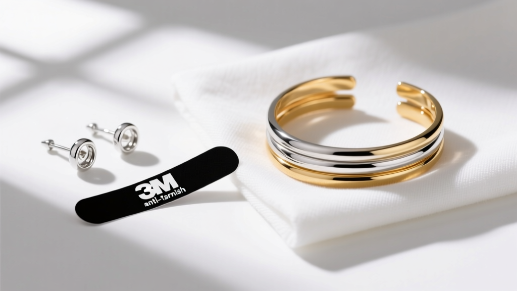 Small black 3M anti-tarnish strip resting beside a stack of sterling silver ear climbers and gold vermeil hair cuffs on microfiber