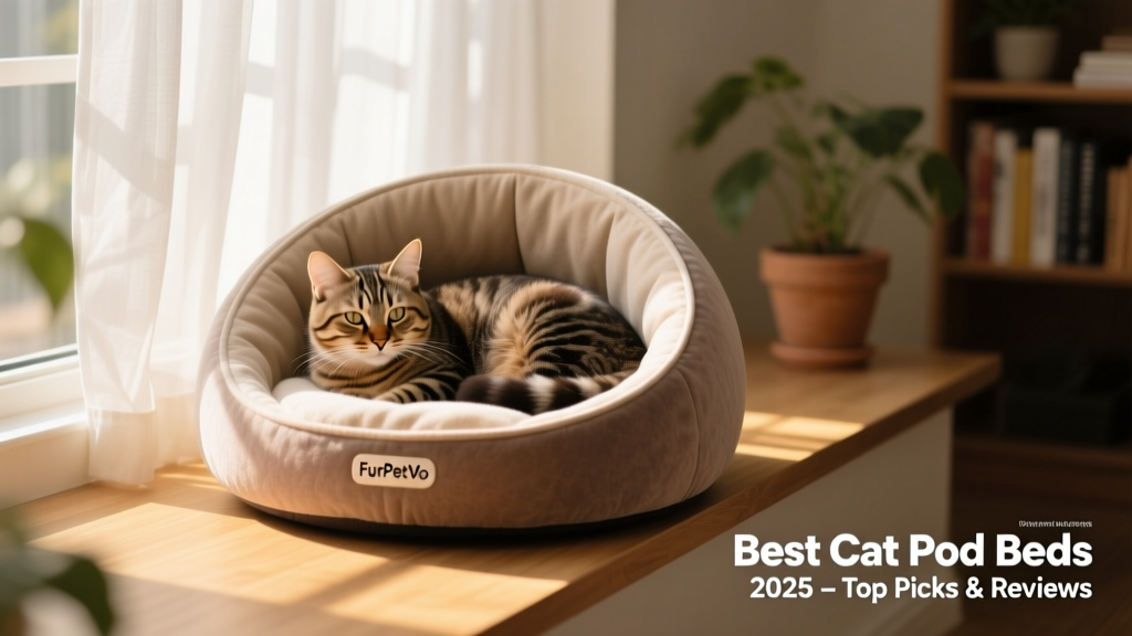 A cat curled up inside a soft, rounded FurPetVo pod bed placed on a sunny windowsill