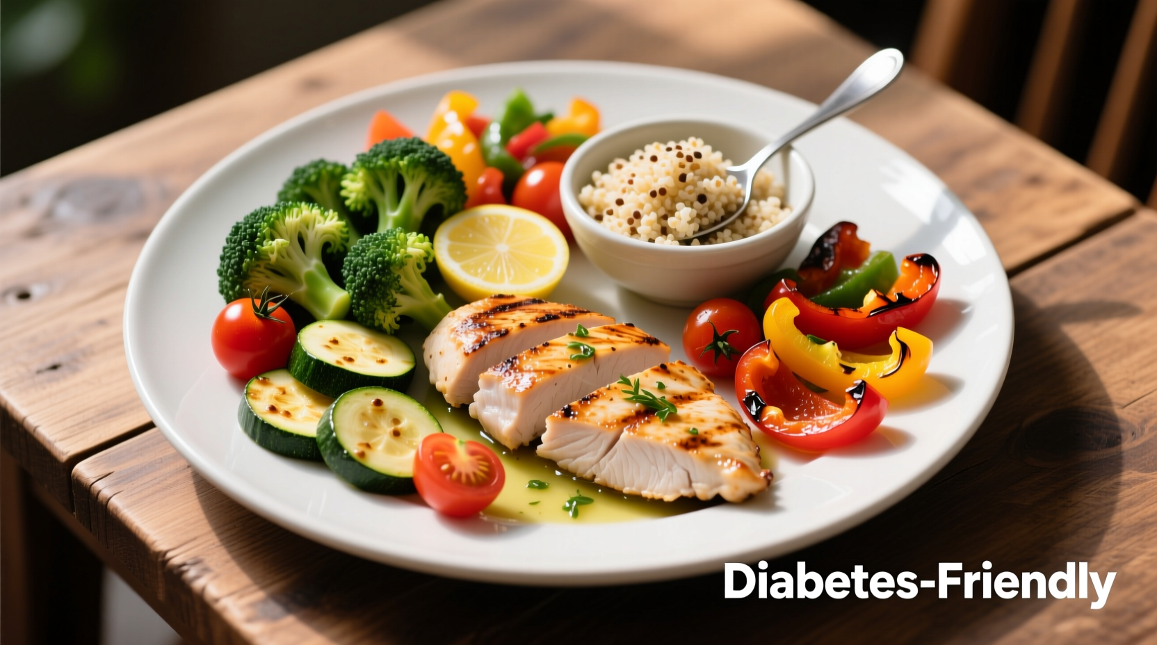 Diabetes-friendly meal plate with vegetables and lean protein