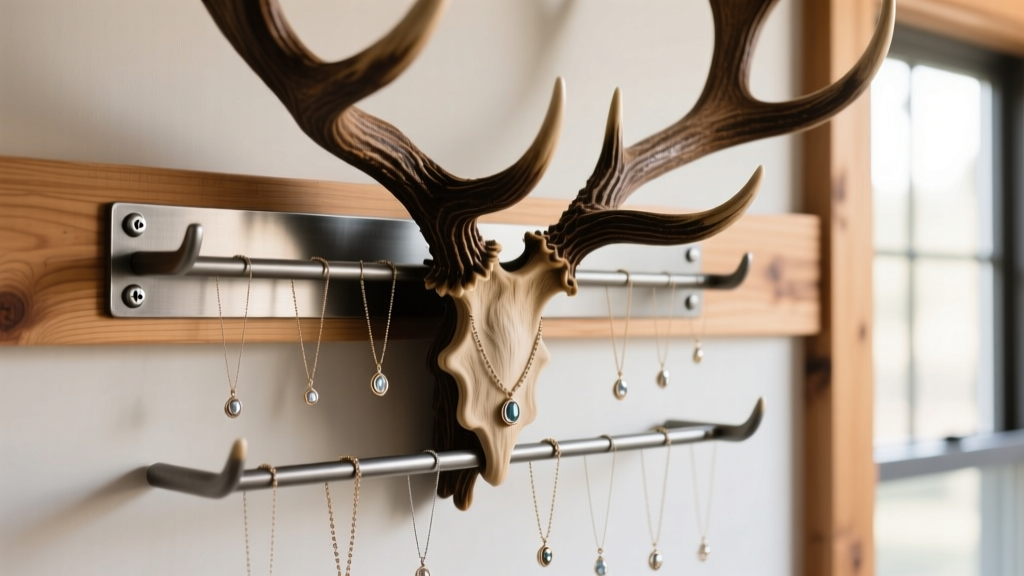 Photo showing heavy-duty steel wall bracket screwed into wooden stud supporting a large elk antler jewelry rack with necklaces