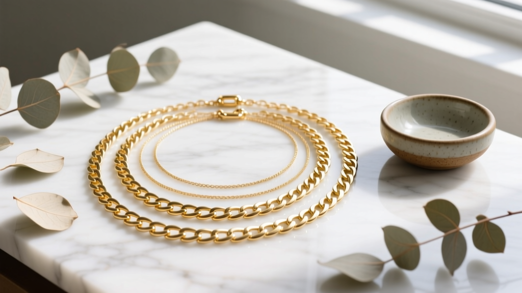 Flat lay of layered gold vermeil chain necklaces on white marble beside a small ceramic dish and dried eucalyptus leaves
