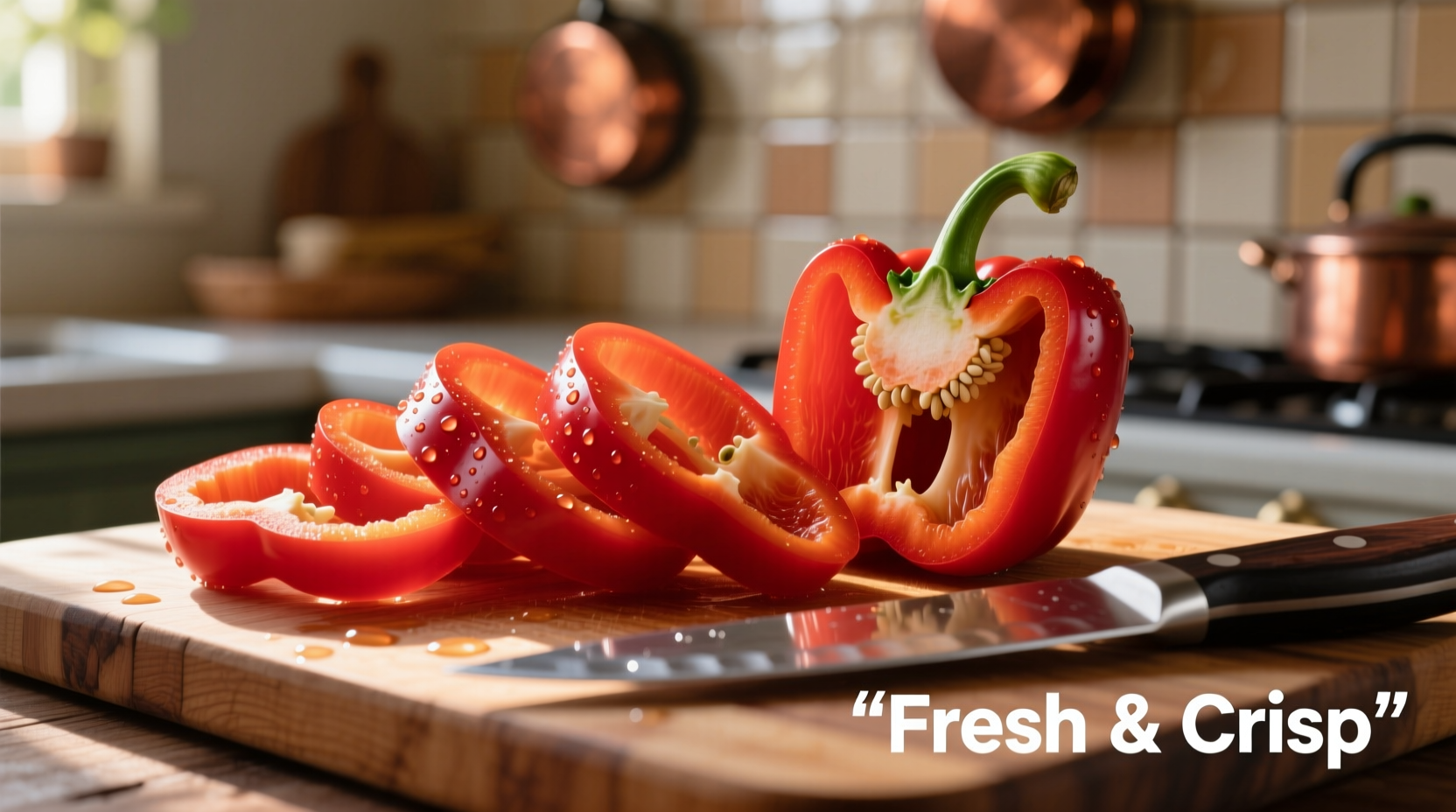 Fresh sliced red bell peppers on cutting board