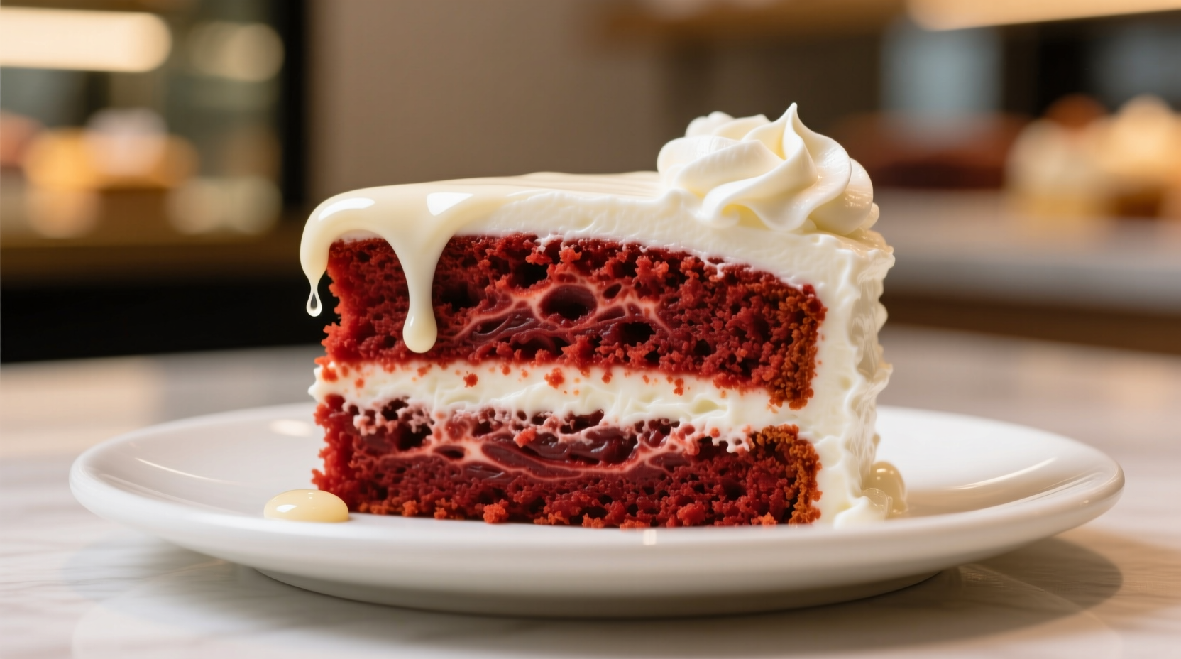 Slice of moist red velvet cake with cream cheese frosting