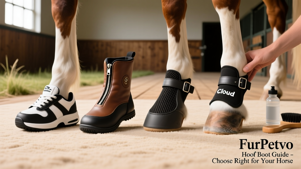 Side-by-side comparison of four FurPetVo hoof boot models on clean, trimmed hooves—Sneaker, Glove, Entry Level, and Cloud—showcasing distinct shapes and closure systems