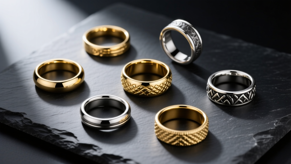 Overhead flat-lay of mixed-metal 14k gold and oxidized silver rings resting on dark slate surface with soft directional lighting