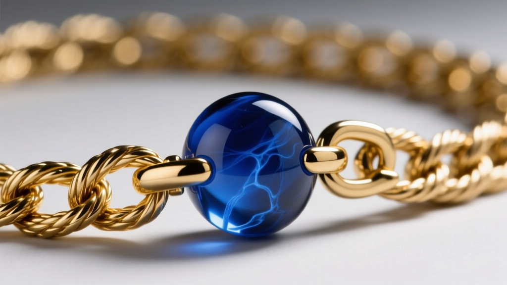 Close-up of a heavy-duty 12-gauge solid gold cable chain with a reinforced cast lobster clasp securing a heavy blue resin pendant.