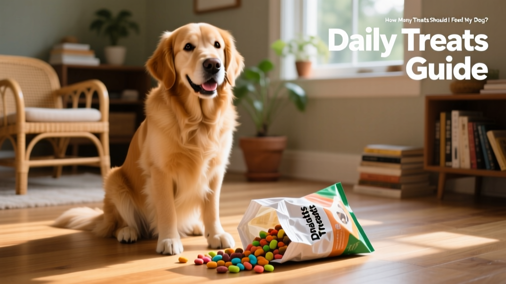 A happy dog sitting beside an open treat bag with a few small treats visible