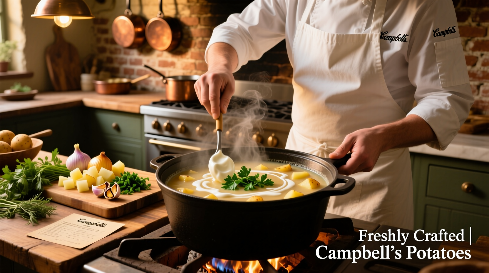 Chef enhancing Campbell's potato soup with fresh ingredients