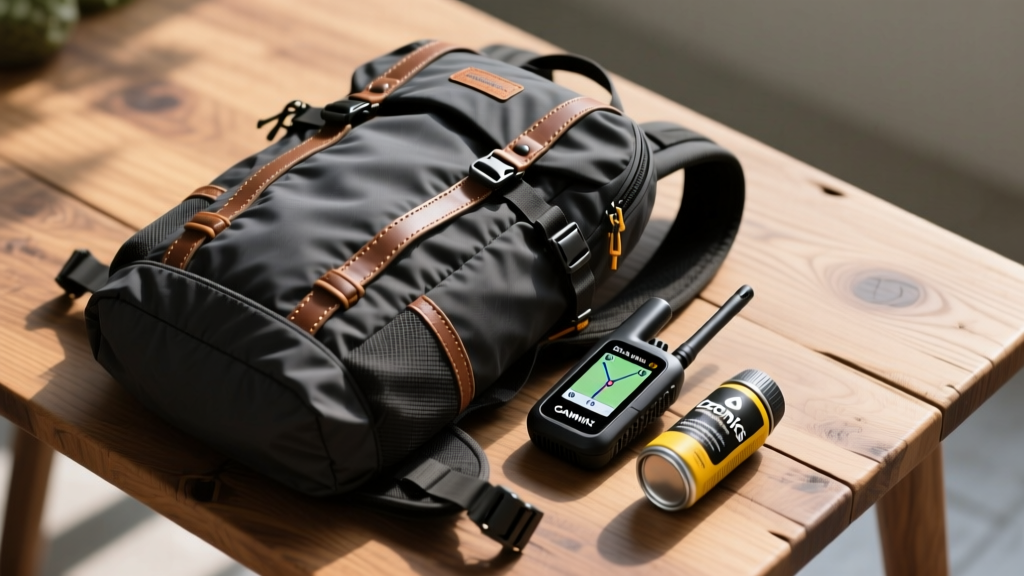 Overhead shot of a hunting backpack laid out on a wooden table featuring a Garmin inReach satellite communicator and Ozonics scent eliminator