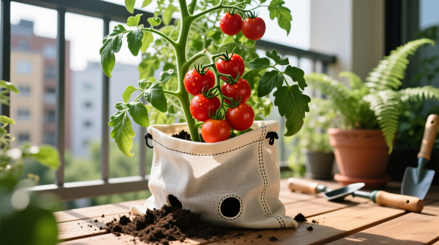 Tomato plants thriving in fabric grow bags with proper drainage