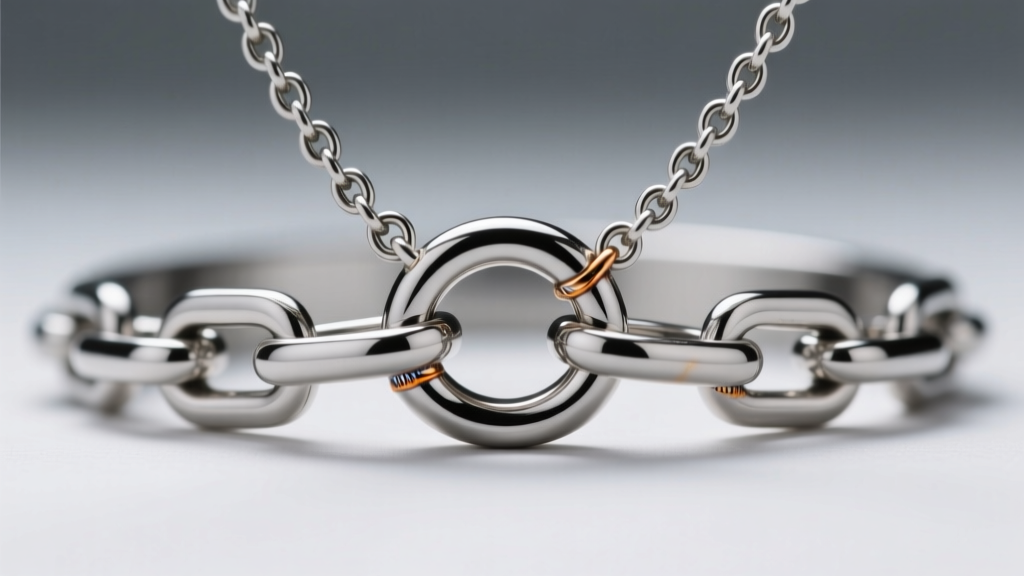 Detailed view of a soldered jump ring connecting a titanium five finger necklace chain to a band, preventing lateral torque damage