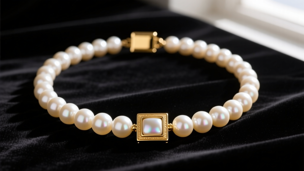 A pristine vintage 1950s pearl necklace draped over dark velvet, showcasing creamy Akoya pearls and a 14k gold box clasp