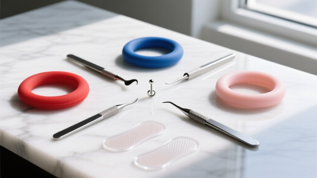 Flat lay of earlobe tools including silicone O-rings, PTFE retainers, and clear adhesive lobe patches on a white marble surface.