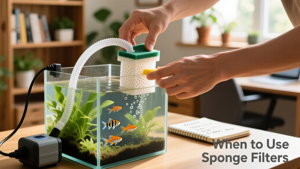 Hands installing a sponge filter in a small freshwater aquarium, with air tubing and pump visible outside the tank