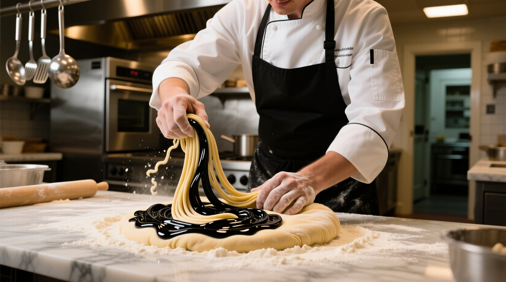 Chef adding squid ink to pasta dough in professional kitchen