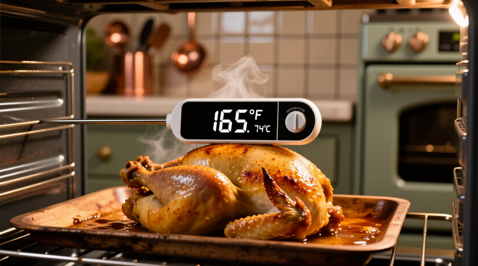 Oven thermometer showing chicken temperature