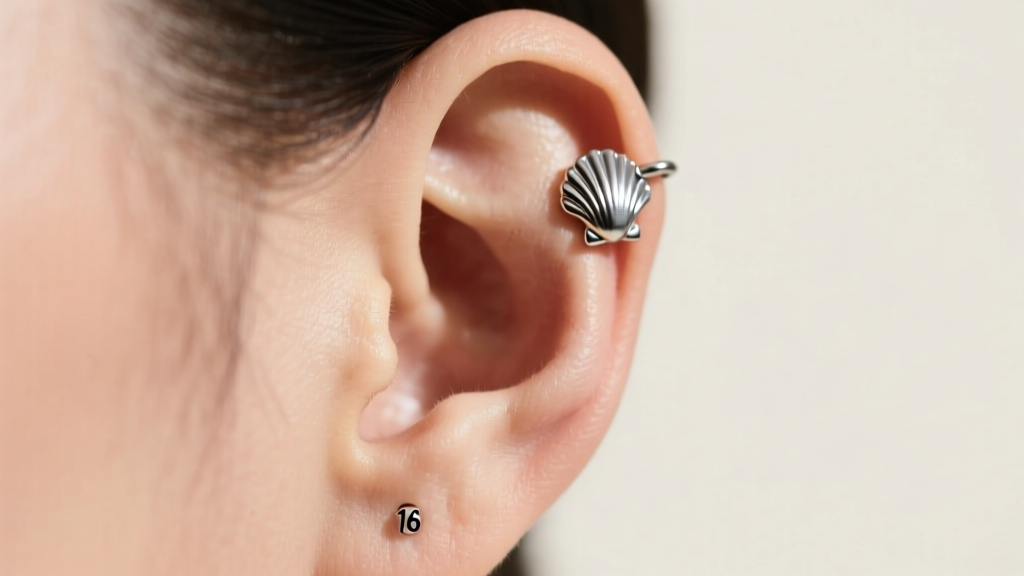 Side profile of ear featuring small 16-gauge titanium scallop charm on upper helix cartilage piercing under clean studio lighting.