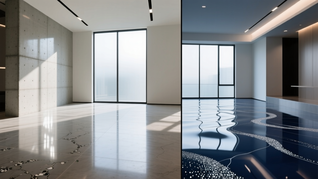 Split-view interior showing mechanically ground polished concrete on left and a metallic epoxy coated floor on right