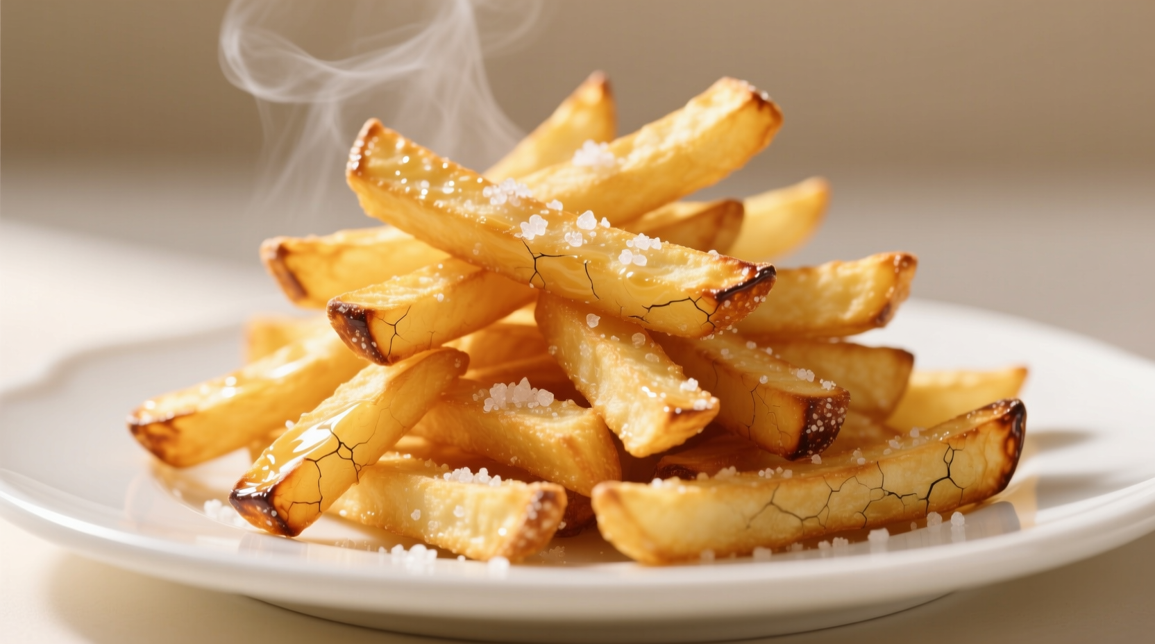 Crispy golden frozen french fries on white plate