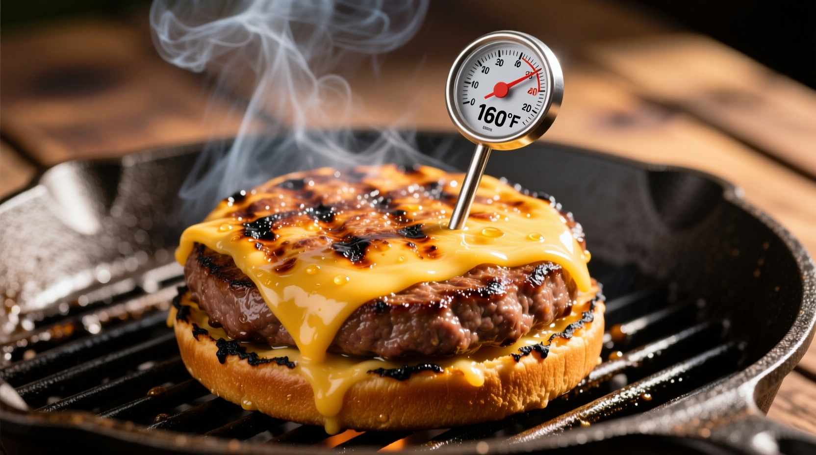Juicy hamburger on grill with thermometer showing 160 degrees