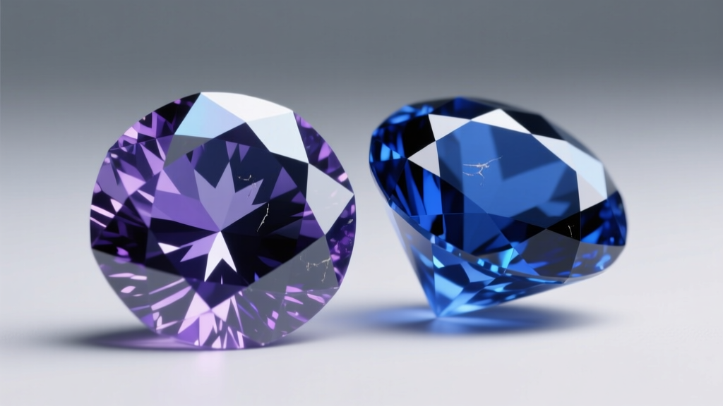Macro view of pleochroic tanzanite and deep blue sapphire gemstones highlighting distinct color zoning and sharp facet junctions.
