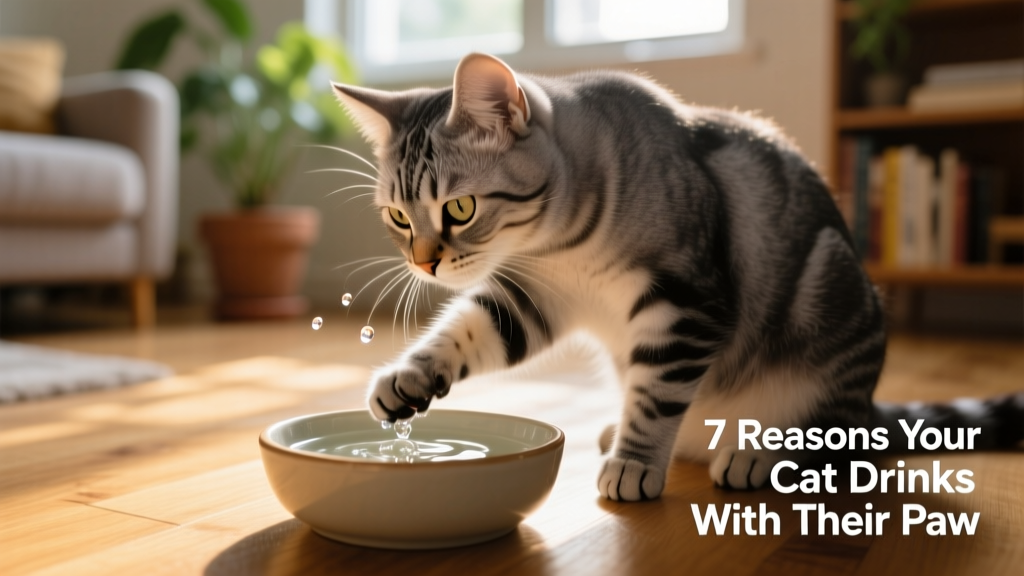 Close-up of a cat dipping a paw into a shallow water bowl, water droplets glistening