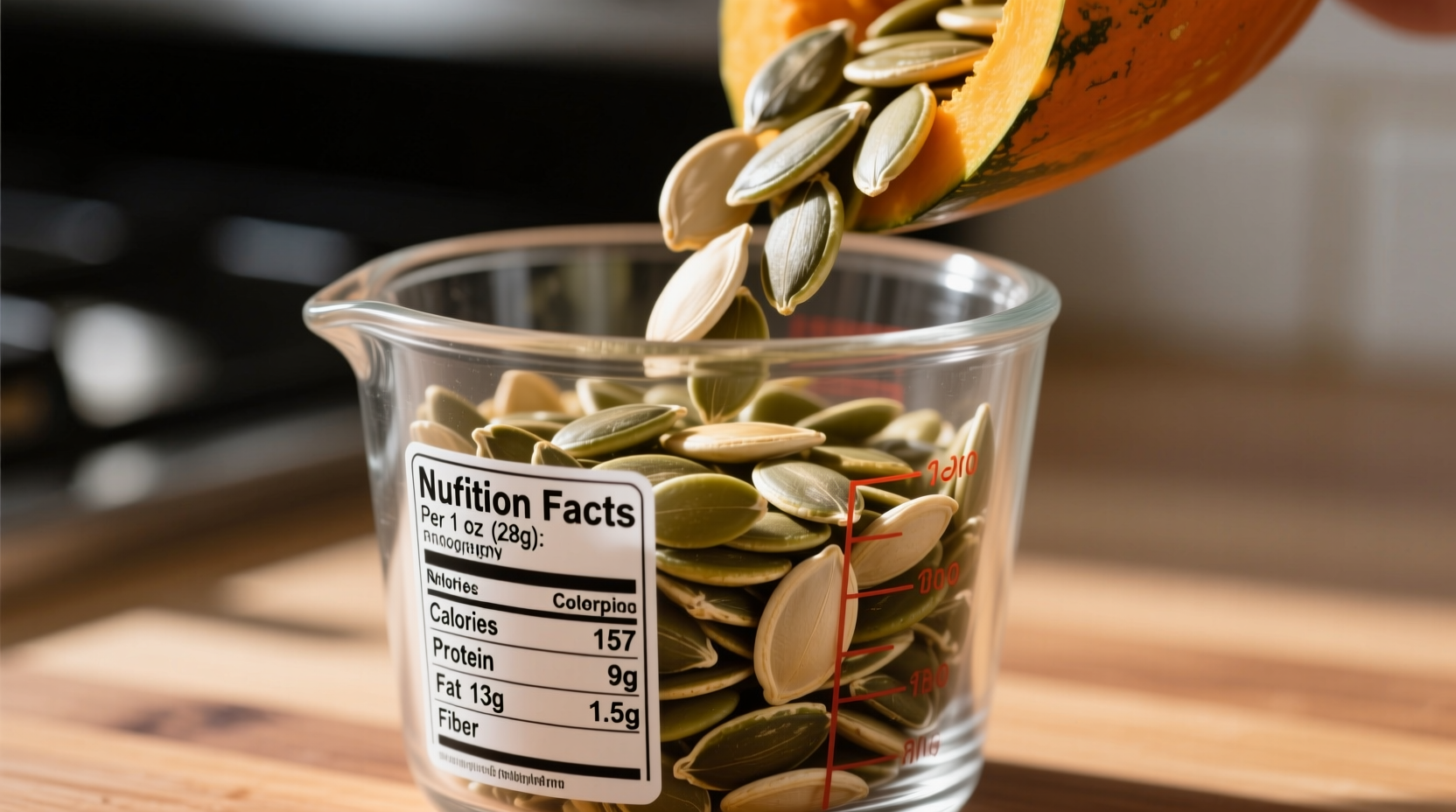 Raw pumpkin seeds in a measuring cup with nutrition label