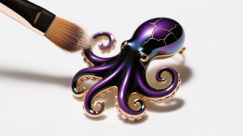 Soft makeup brush dusting the crevices of a purple and black enamel octopus tentacle earring under bright, natural lighting