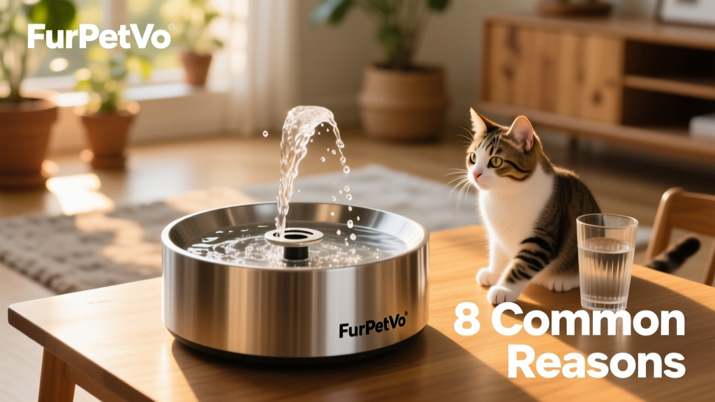 A sleek, modern cat water fountain from FurPetVo with gentle flowing water and stainless steel base
