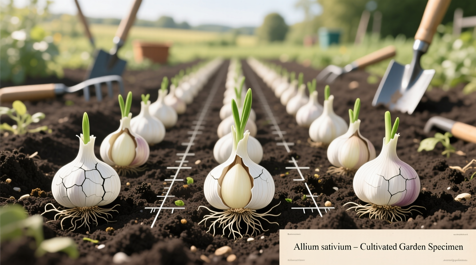 Garlic cloves planted in garden soil with proper spacing