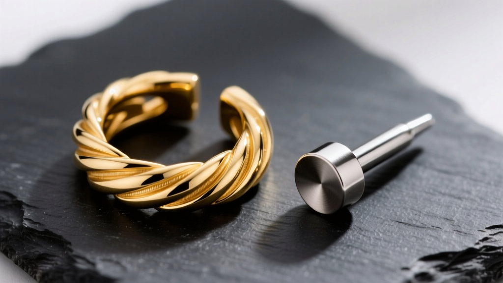 Macro shot of an internally threaded 14k gold helix hoop and an ASTM F-136 titanium flat back labret resting on dark slate.