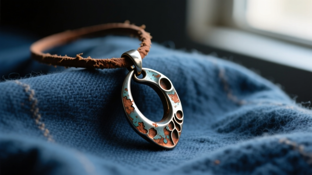 Oxidized metal ear-bone pendant on a distressed leather cord, resting on faded flannel under moody studio lighting.