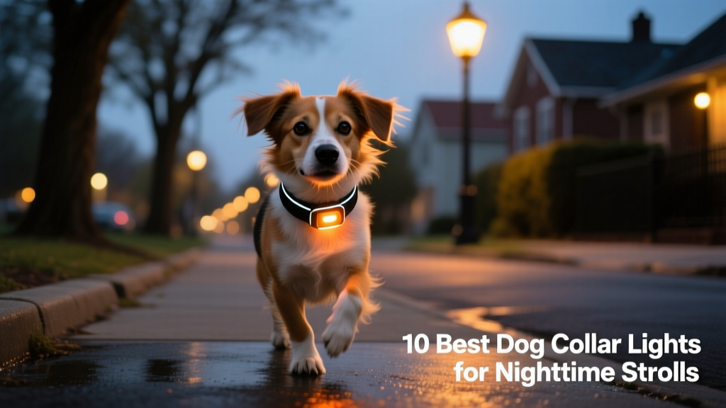 A small dog out on a nighttime walk, wearing a dog collar with light