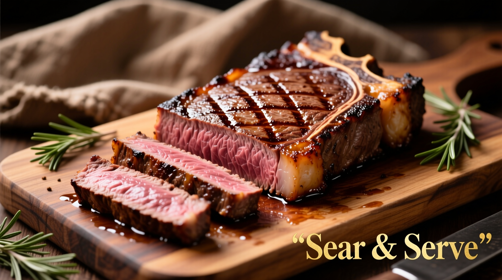 Perfectly cooked elk steak with sear marks on cutting board