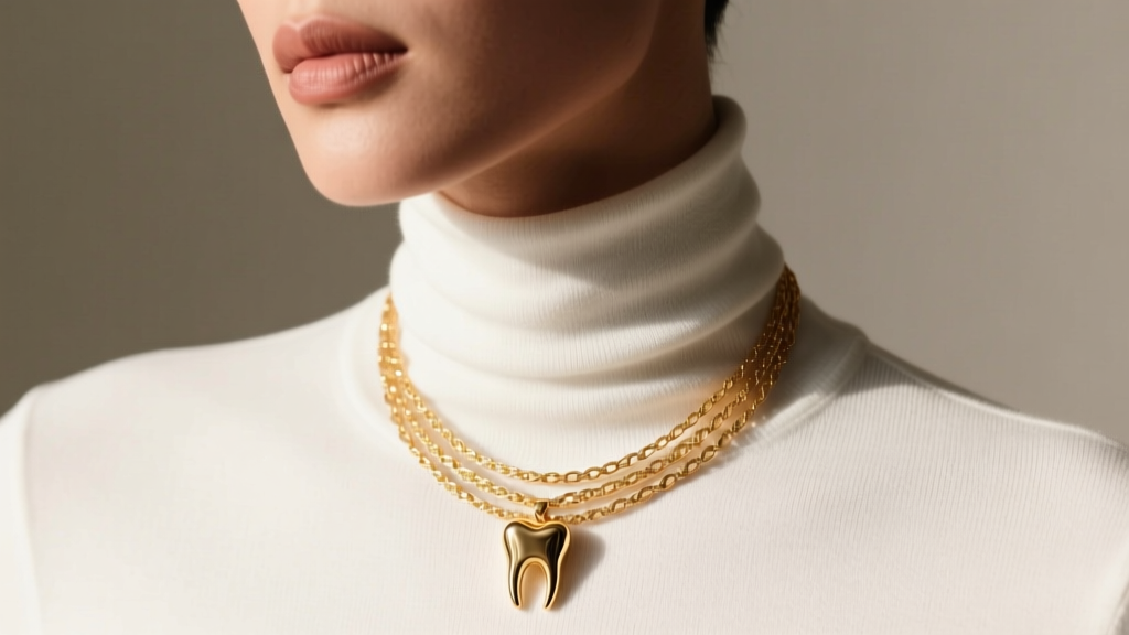 Person wearing a layered gold tooth necklace over a white crewneck tee, showing the pendant resting perfectly on the collarbone.