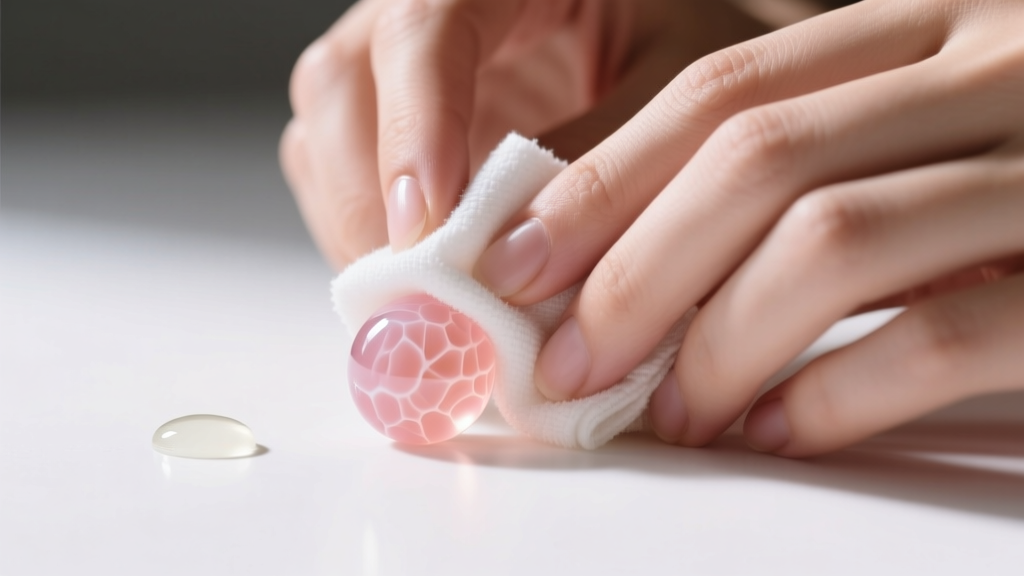 Hands gently wiping a pale pink coral bead with a damp microfiber cloth, with distilled water and mild soap in the soft background