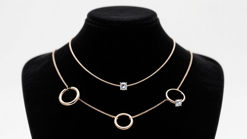 Minimalist capsule jewelry wardrobe with 1mm cable chains, huggie hoops, and solitaire rings on velvet bust under studio lighting
