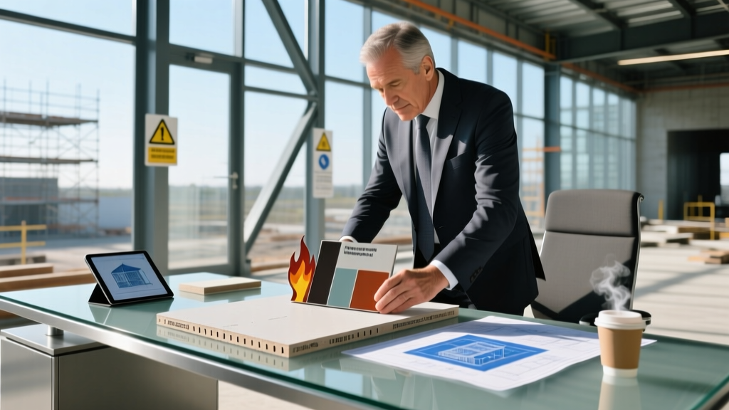 Architect reviewing fire-rated gypsum board and intumescent coating samples on a commercial construction site desk