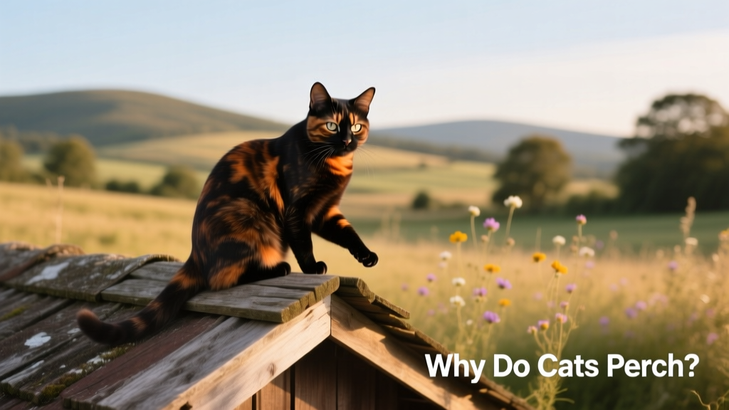 a tortoiseshell cat perching on a shed roof